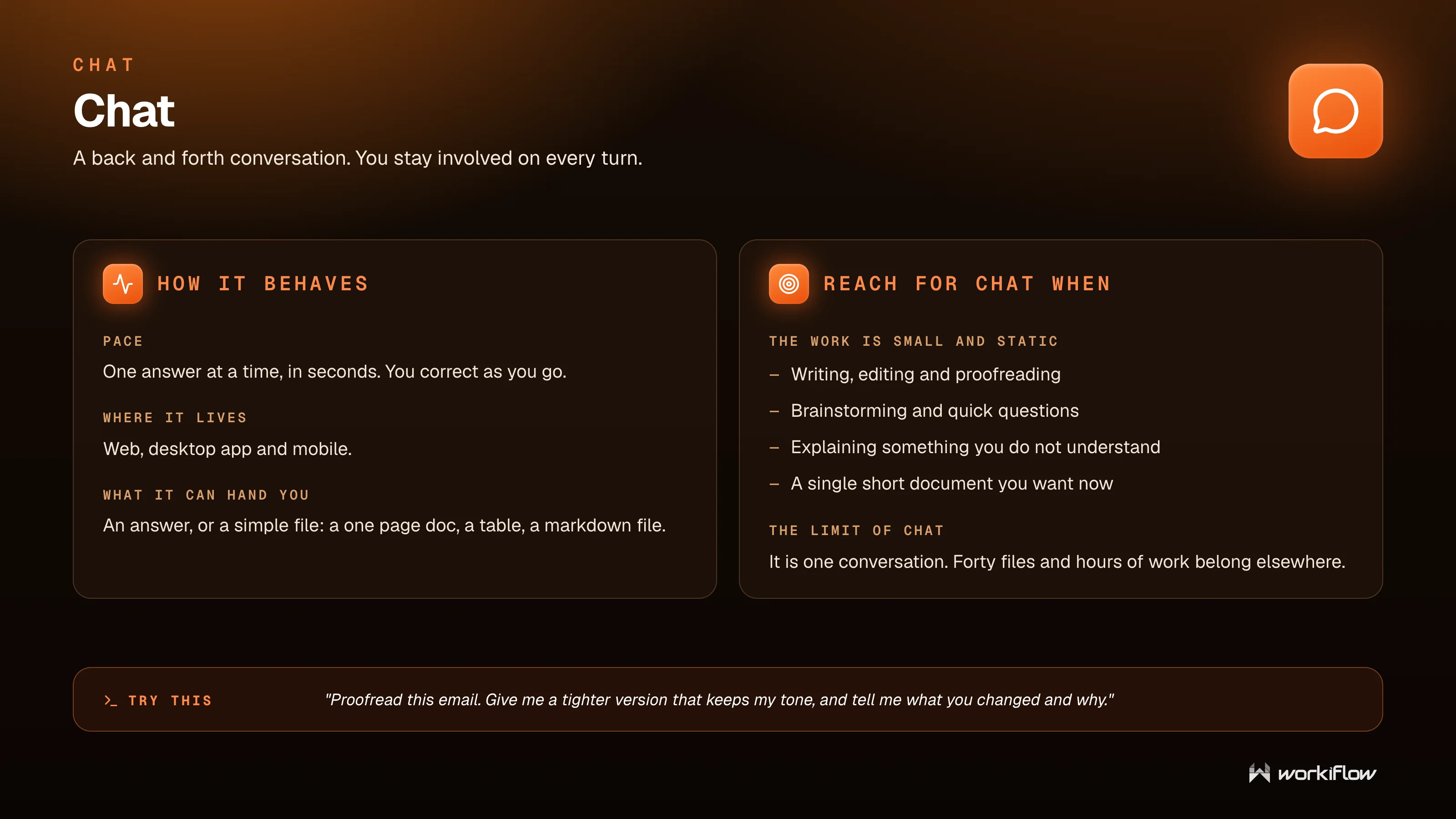 Workiflow training slide: Chat — a back and forth conversation where you stay involved on every turn, with when to reach for it and its one-conversation limit.
