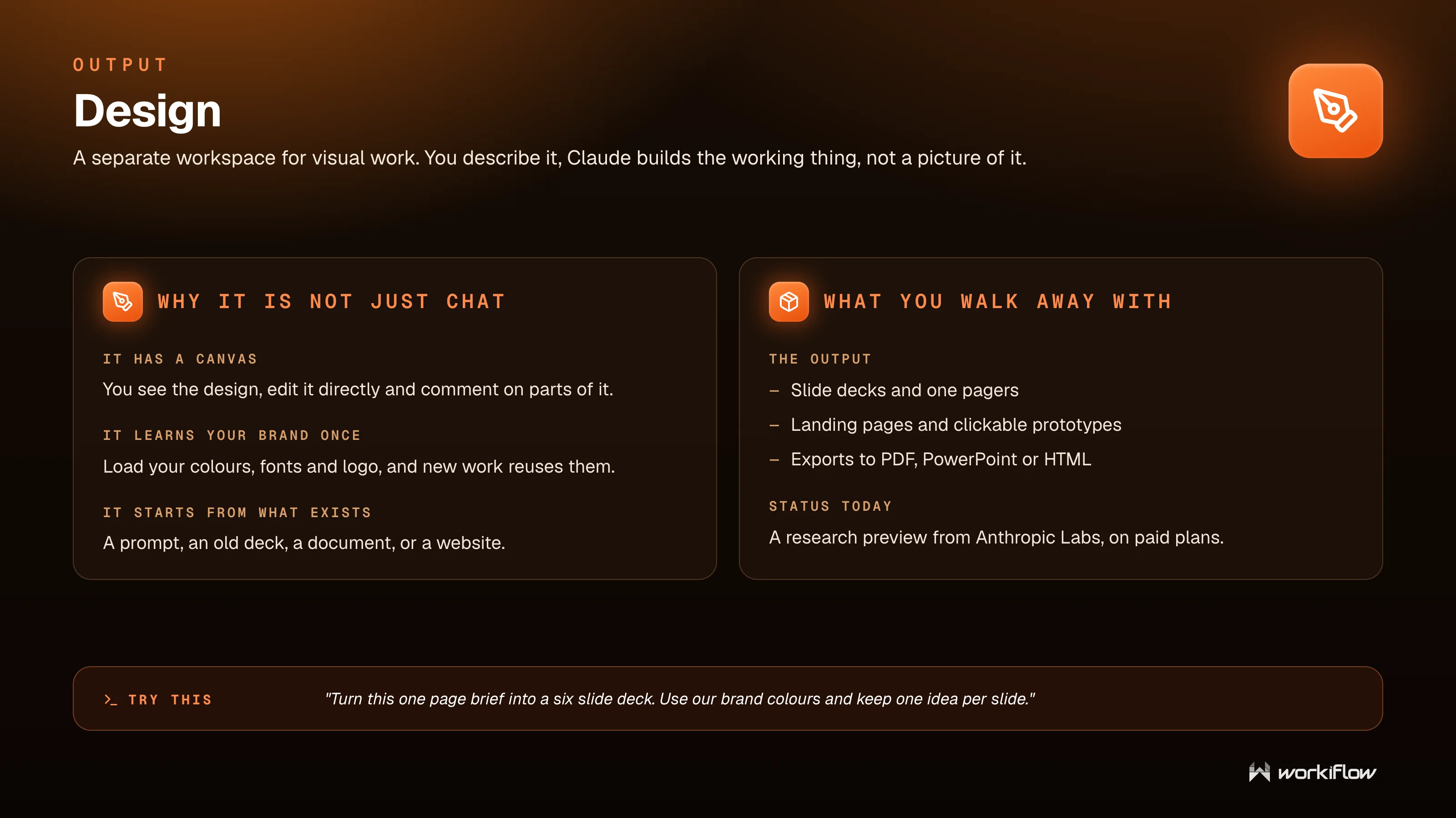 Workiflow training slide: Design — a separate workspace for visual work with a canvas you can edit, brand memory, and exports to PDF, PowerPoint, or HTML.