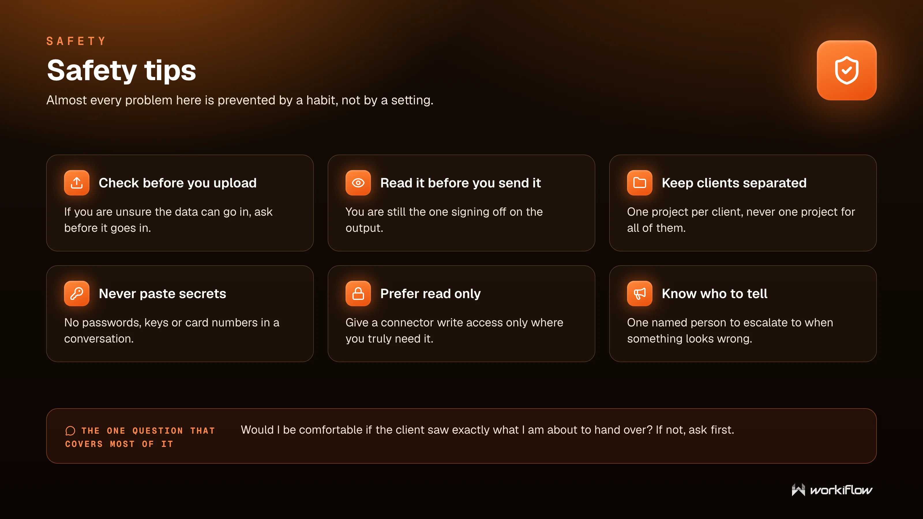 Workiflow training slide: Safety tips — six habits: check before you upload, read it before you send it, keep clients separated, never paste secrets, prefer read only, and know who to tell.