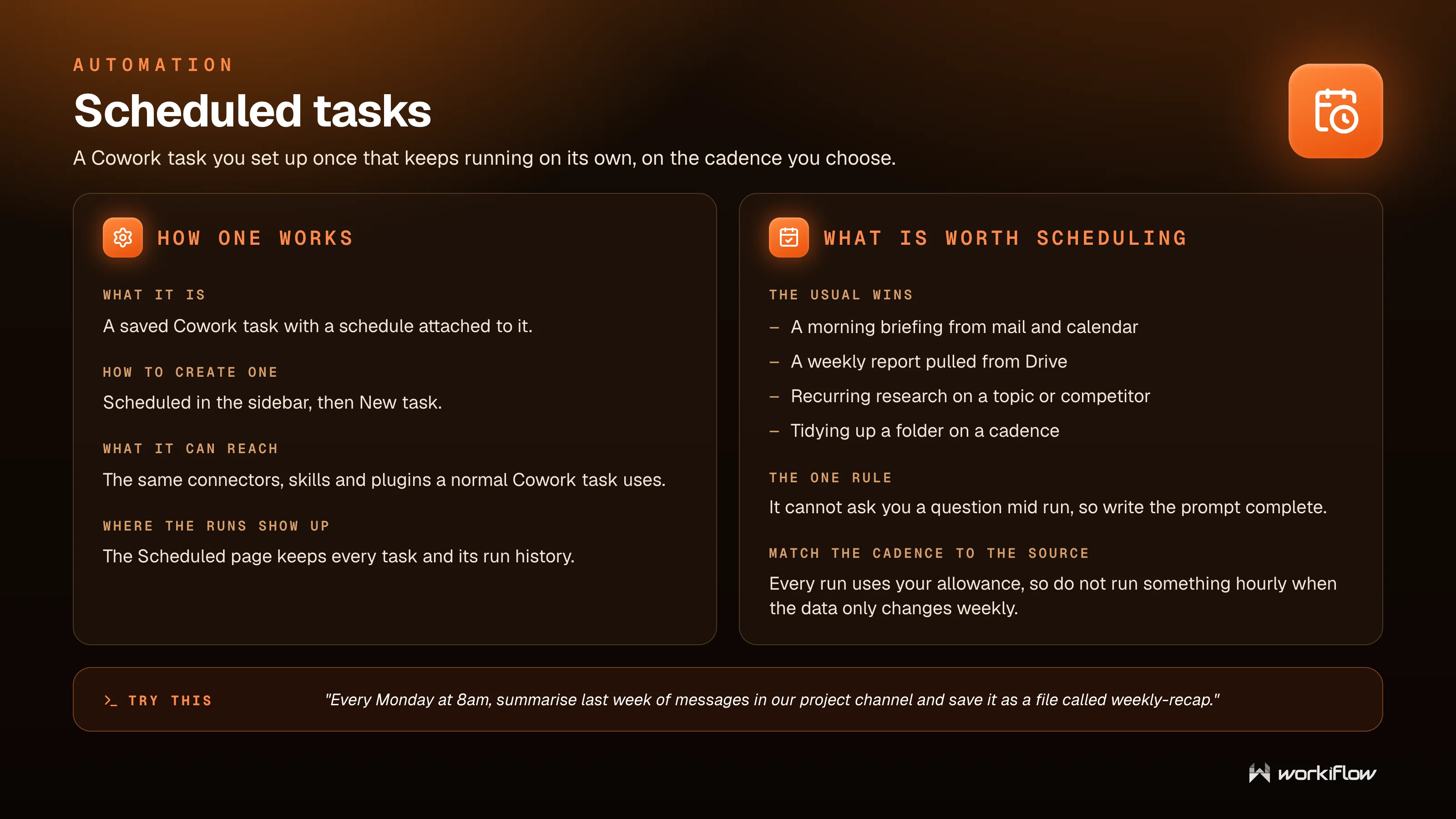 Workiflow training slide: Scheduled tasks — a Cowork task that keeps running on its own, what is worth scheduling, and the one rule about complete prompts.