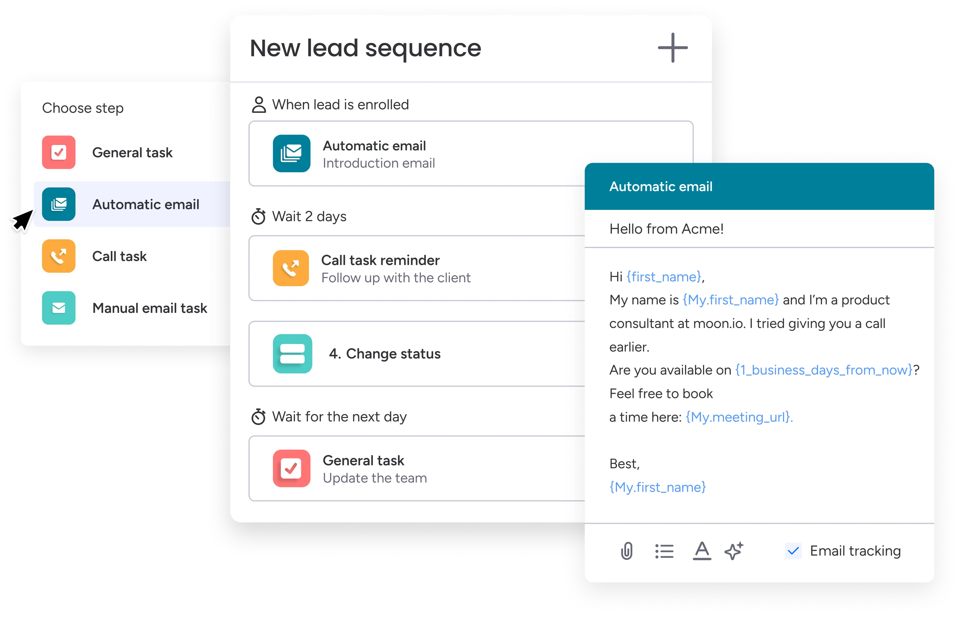A monday.com automation building a new-lead sequence — automatic email, wait steps, a call task, and a status change — moving work between boards without manual effort.