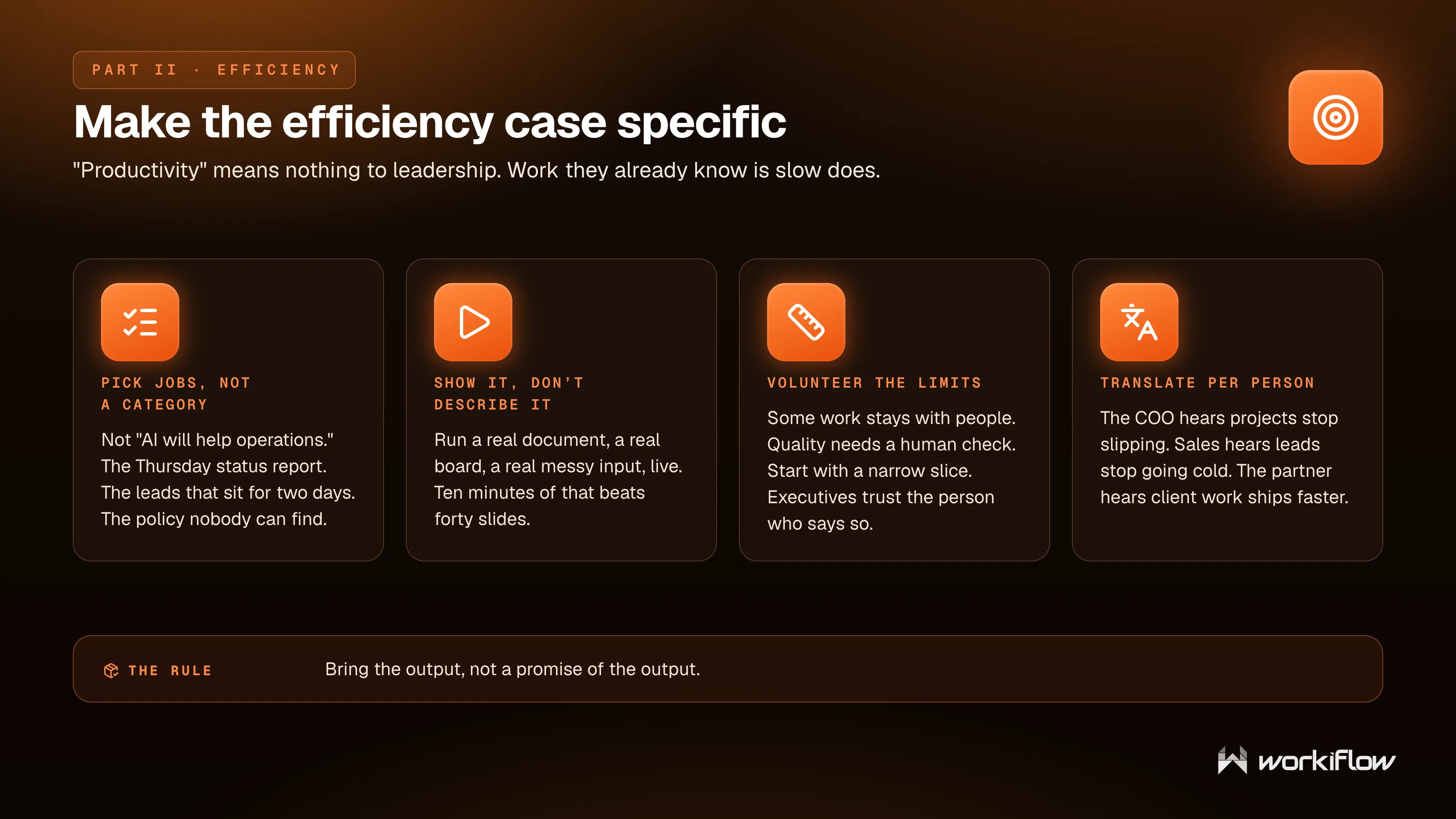 Making the Claude efficiency case specific — naming two or three slow jobs and running a live demo on real company work instead of promising generic productivity.
