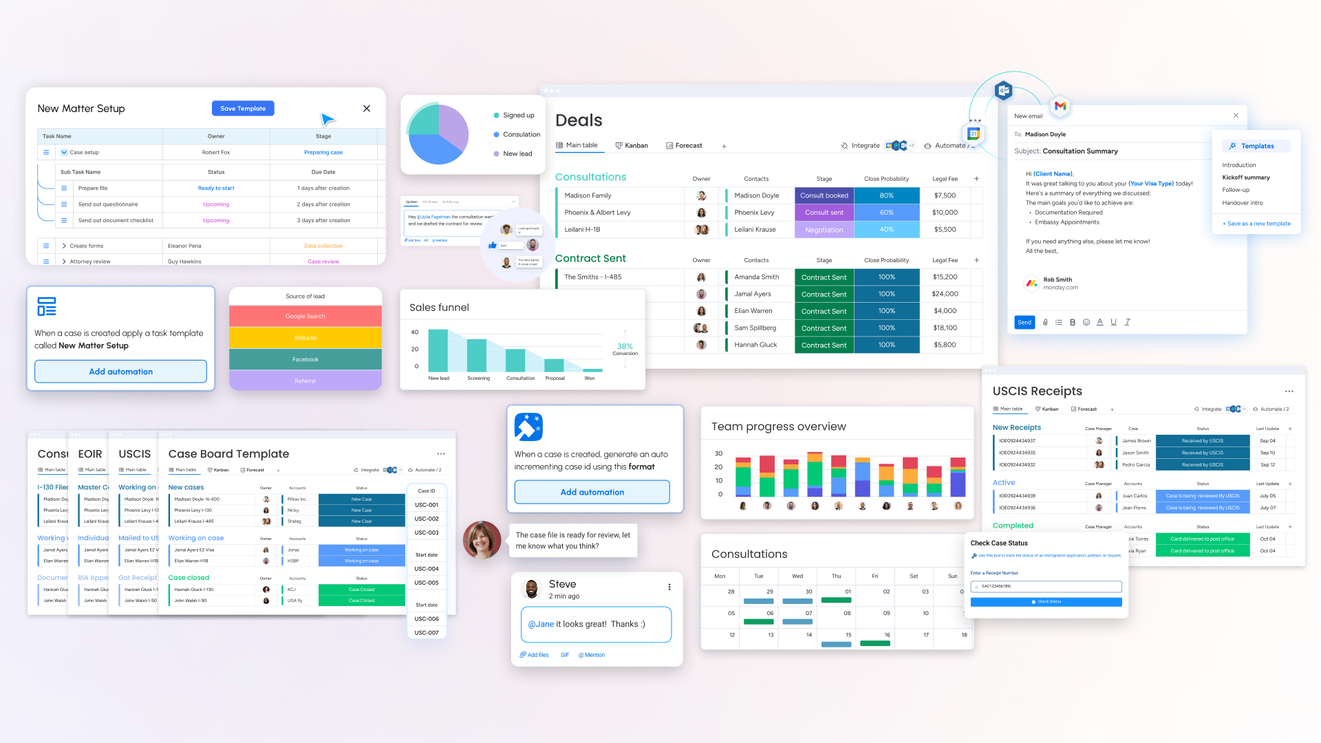 Caseflow boards, automations, and integrations working together on monday.com